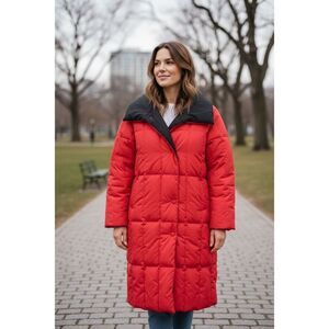 Bill Blass Red Quilted Down Fill Puffer Coat Size 6 Warm Winter Jacket Black Col